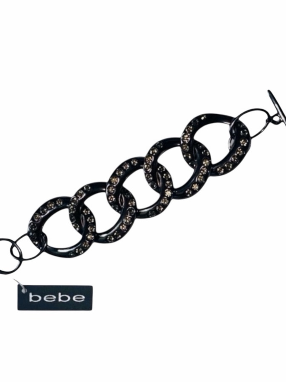 Bebe Gunmetal Silver Oversized Chain Link Bracelet with Crystals